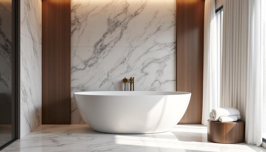Luxurious bathroom with freestanding bathtub, marble tiles, and soft ambient lighting